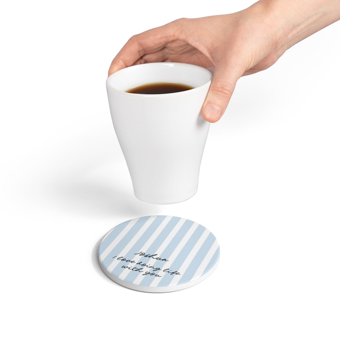 Personalized Ceramic Coaster — Blue Stripe "I love doing life with you"