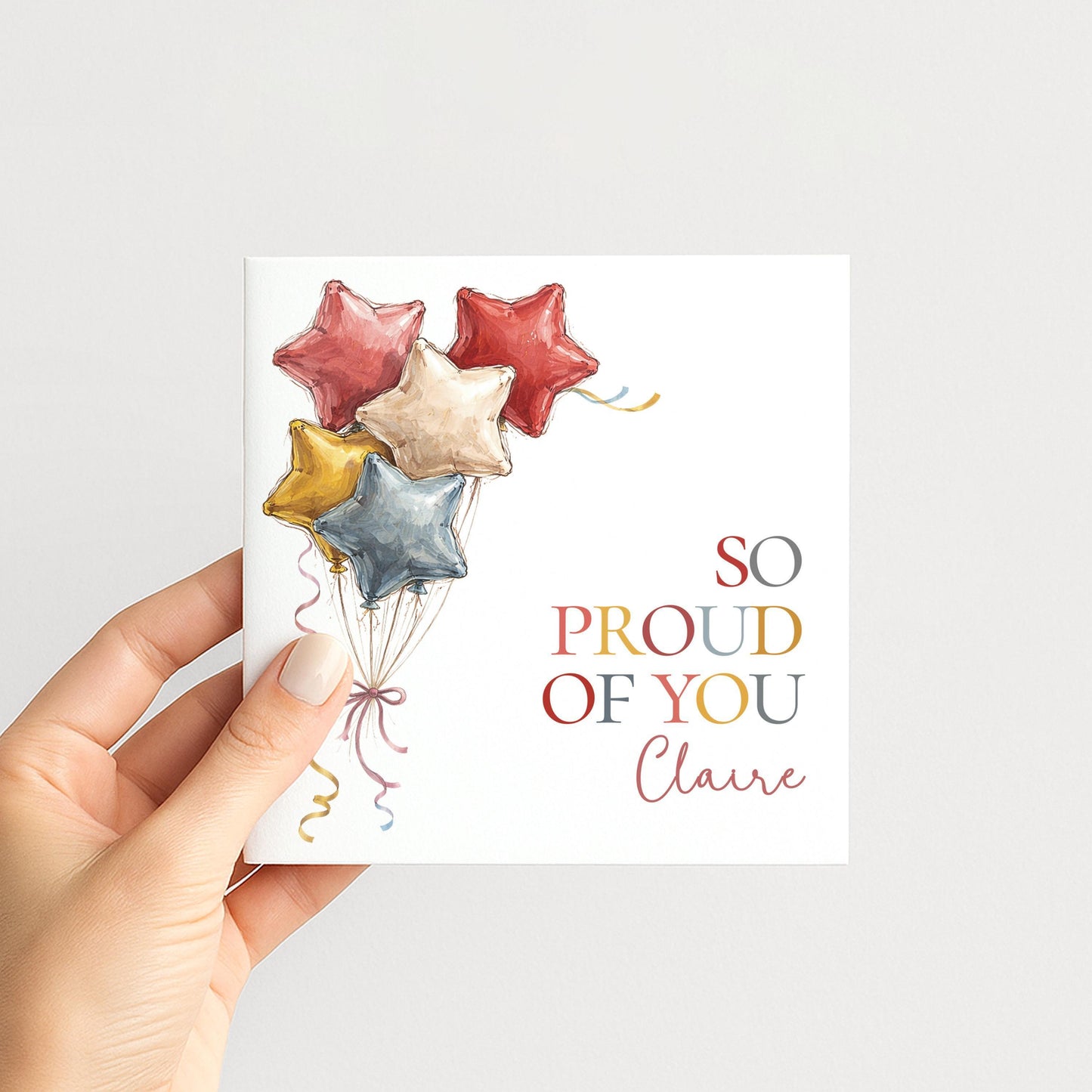 Personalised Proud Card – Colourful Balloon Congratulations Card With Custom Name