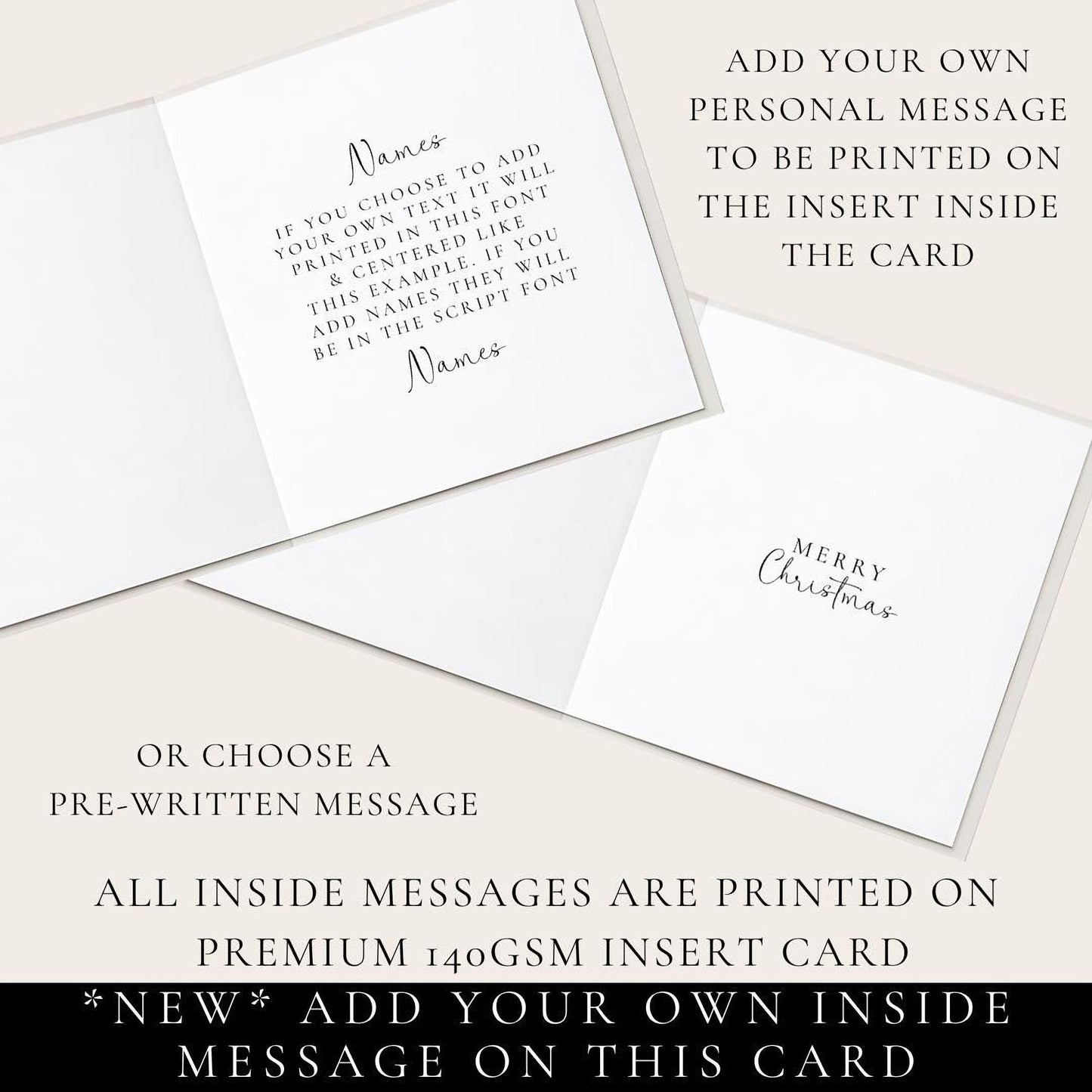 An elegant hanging bauble Christmas card, personalised with custom names, printed on 300gsm card