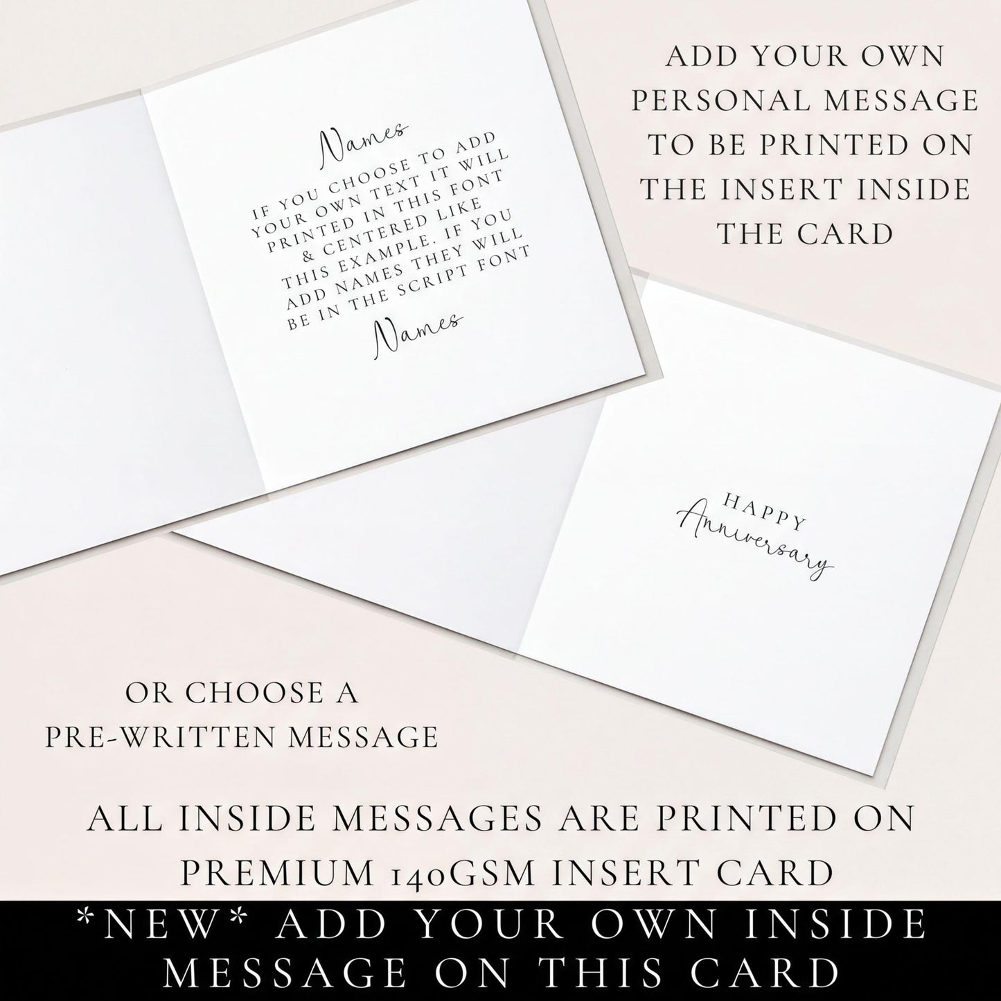 a card with instructions for adding a personal message to be printed on the inserted card. The instructions include the option to choose a pre-written message or a new message, and the message is printed on a premium 14GSM insert card. The instructions also emphasize the importance of not repeating the same message twice and using clear and concise language to avoid redundancy and vague wording.