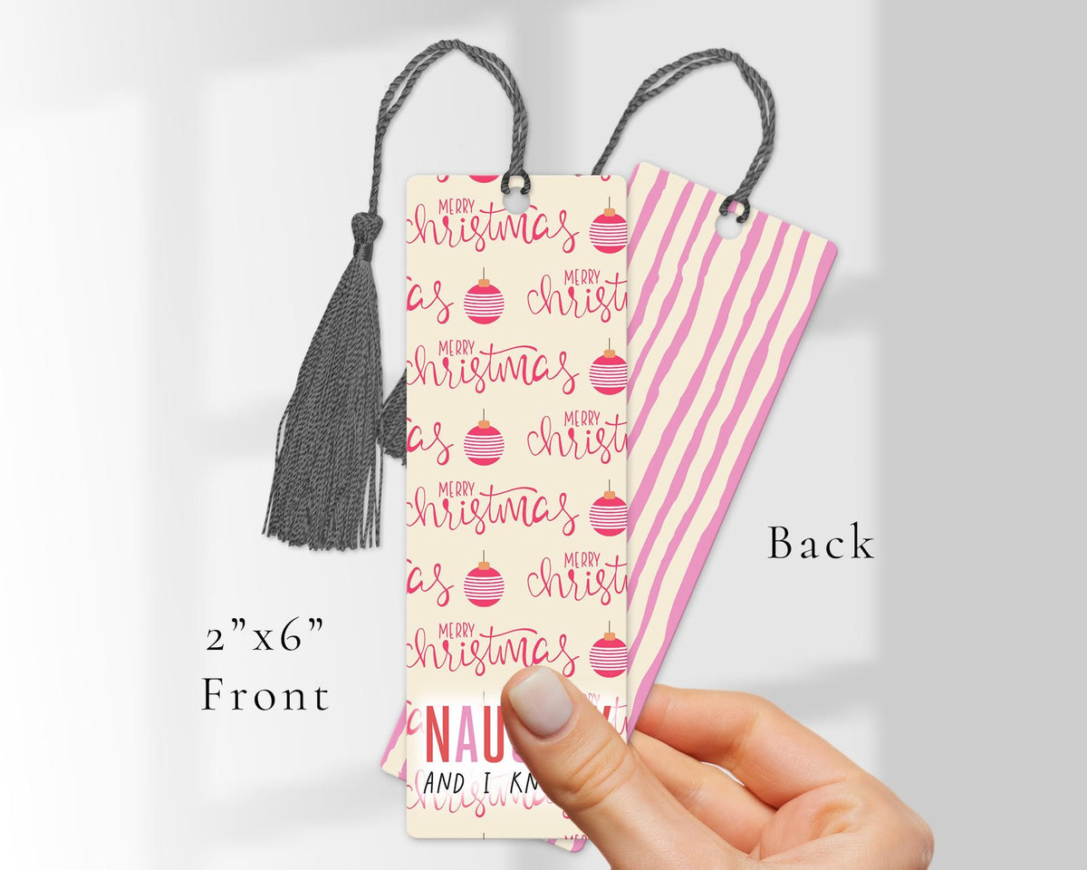 Funny Christmas Bookmark, 'Naughty and I Know It', Pink Wooden Bookmark with Tassel , Stocking Filler