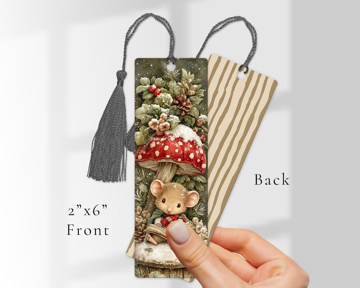 Christmas Bookmark, Cosy Mouse Reading Under a Toadstool, Wooden Bookmark with Tassel, Book Lover Gift