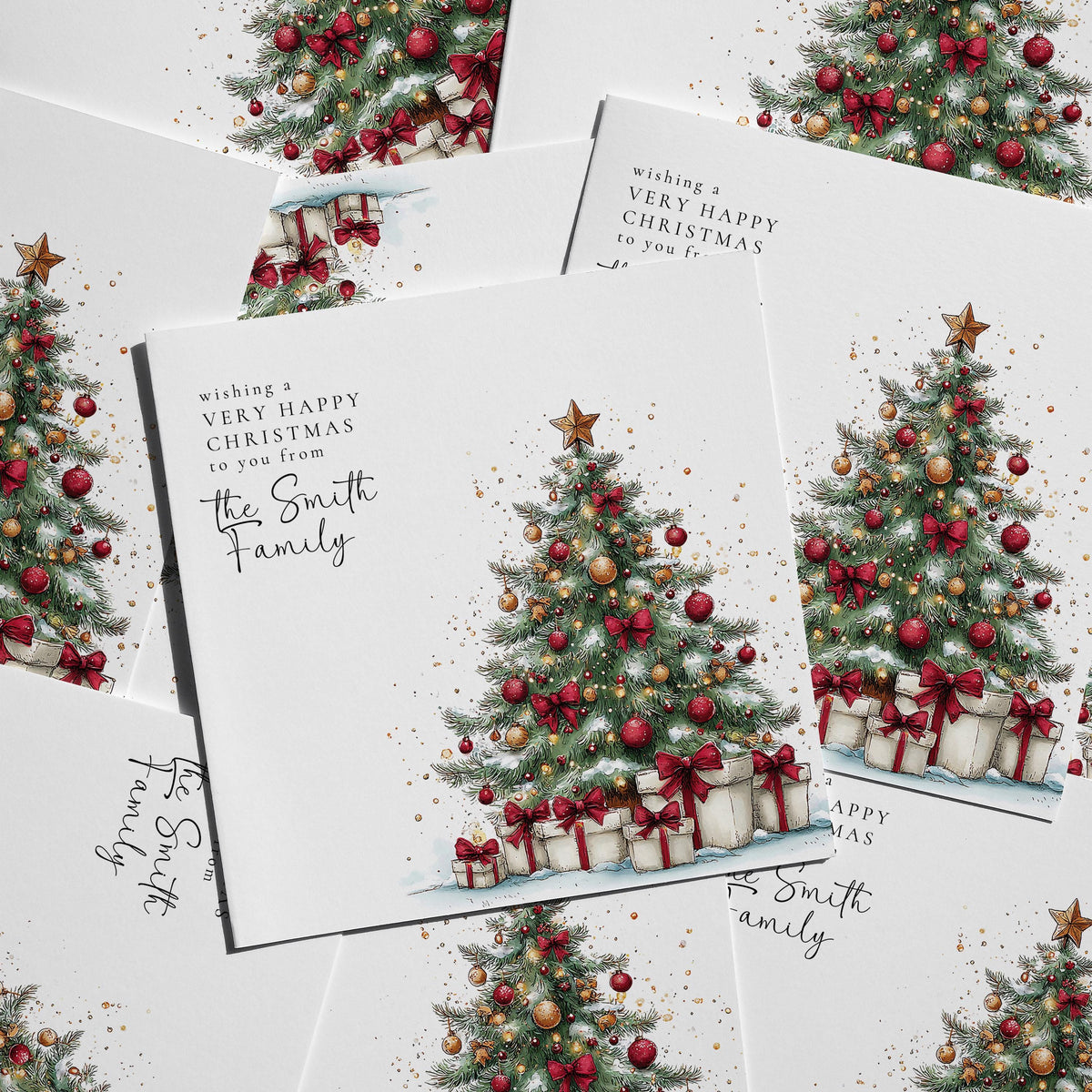 Personalised Family Christmas Card Multipack, Very Happy Christmas Tree Design, Pack of 5 10 15 20 25 30 Cards, Custom Family Name