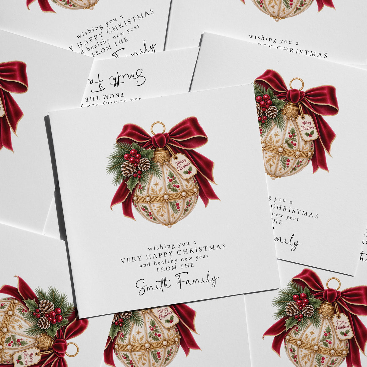 Personalised Family Christmas Card Multipack, Vintage Bauble Design, Pack of 5 10 15 20 25 30 Cards, Custom Family Name