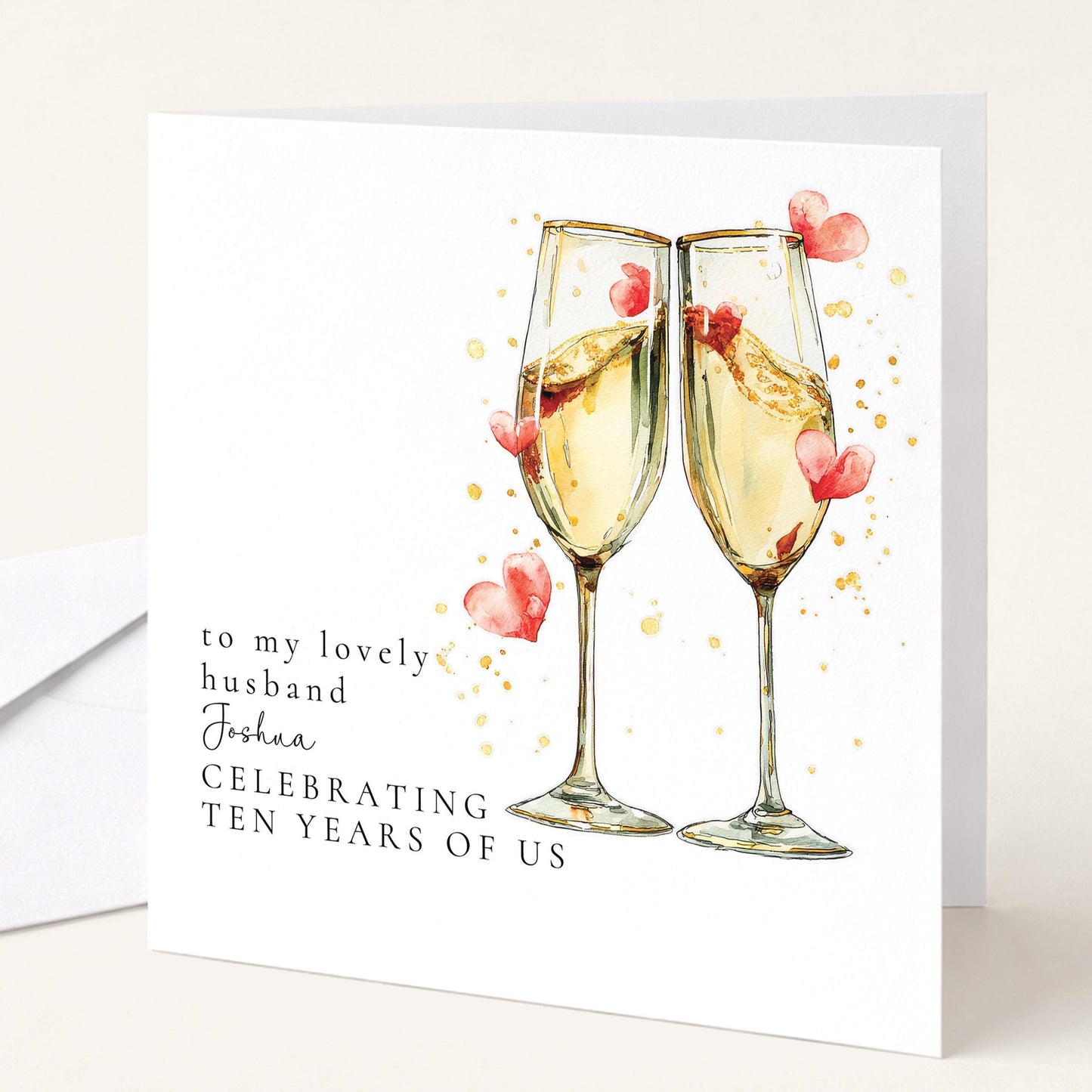 10 Year Anniversary Card - Personalised Husband Wedding Anniversary Card With Elegant Champagne Toast Design