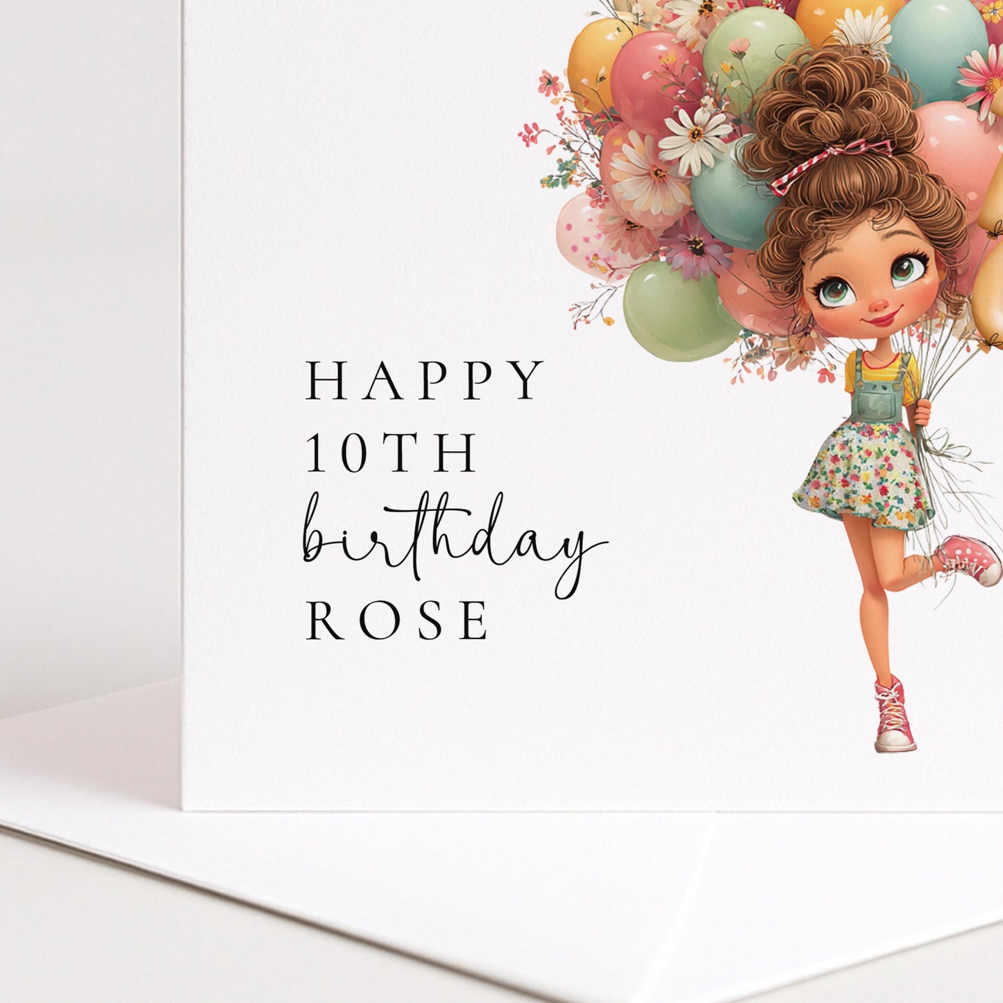 10th Birthday Card Girl – Personalised Keepsake Milestone Birthday Card with Pastel Balloons