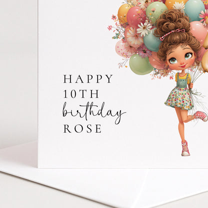 10th Birthday Card Girl – Personalised Keepsake Milestone Birthday Card with Pastel Balloons