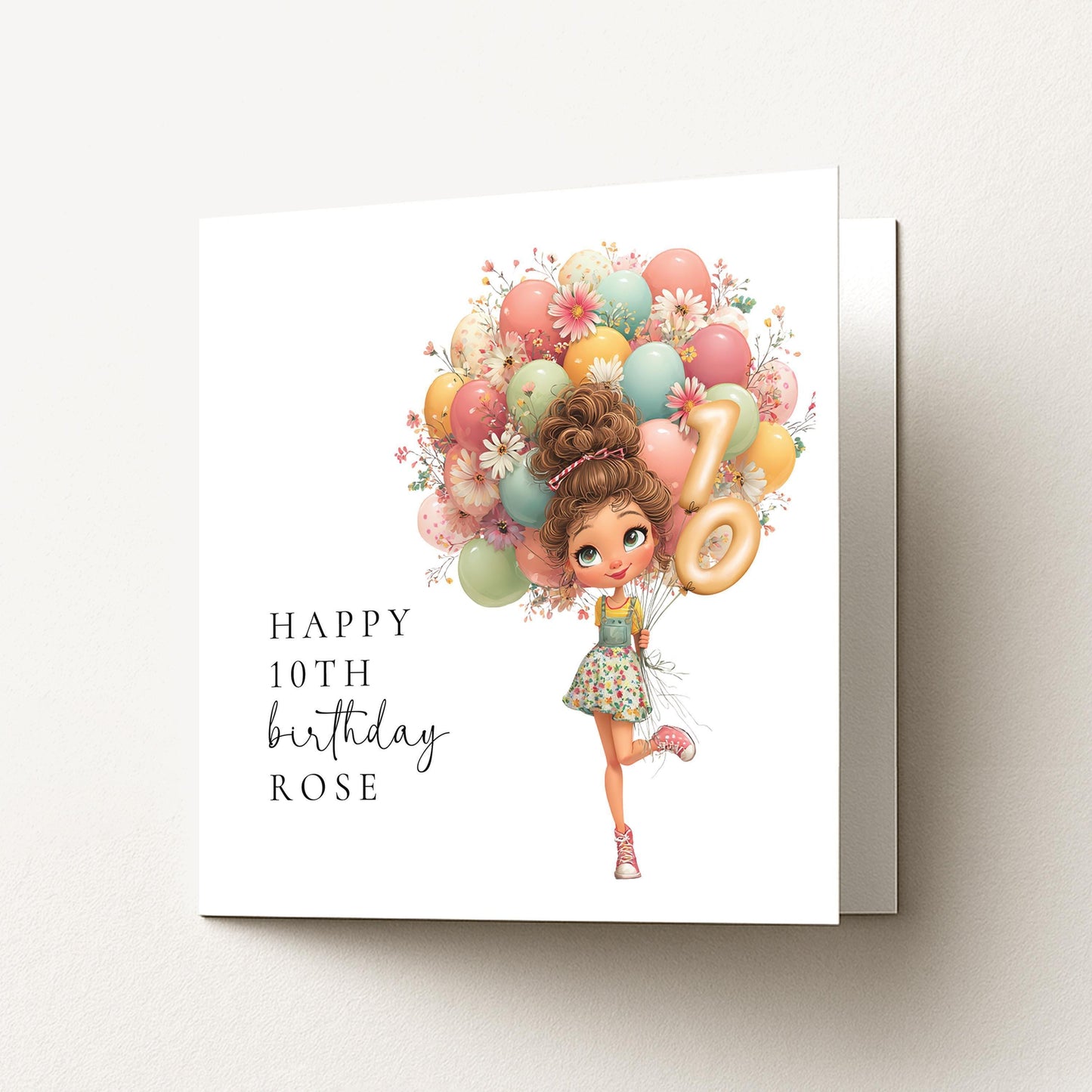10th Birthday Card Girl – Personalised Keepsake Milestone Birthday Card with Pastel Balloons