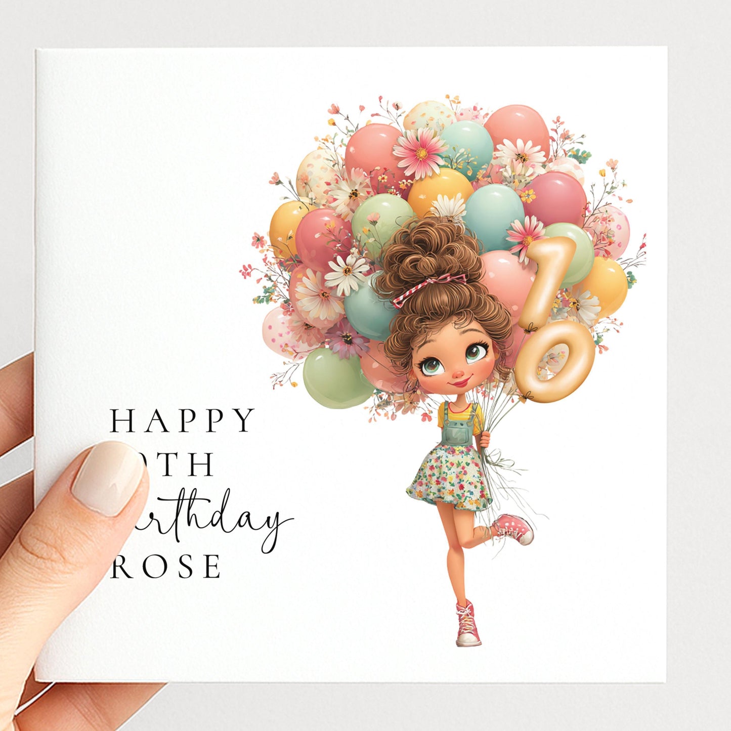 10th Birthday Card Girl – Personalised Keepsake Milestone Birthday Card with Pastel Balloons