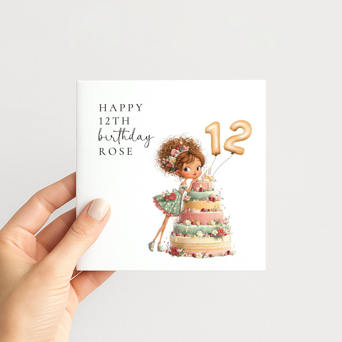 12th Birthday Card Girl – Personalised Floral Cake Milestone Greeting