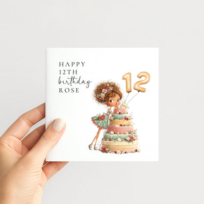 12th Birthday Card Girl – Personalised Floral Cake Milestone Greeting