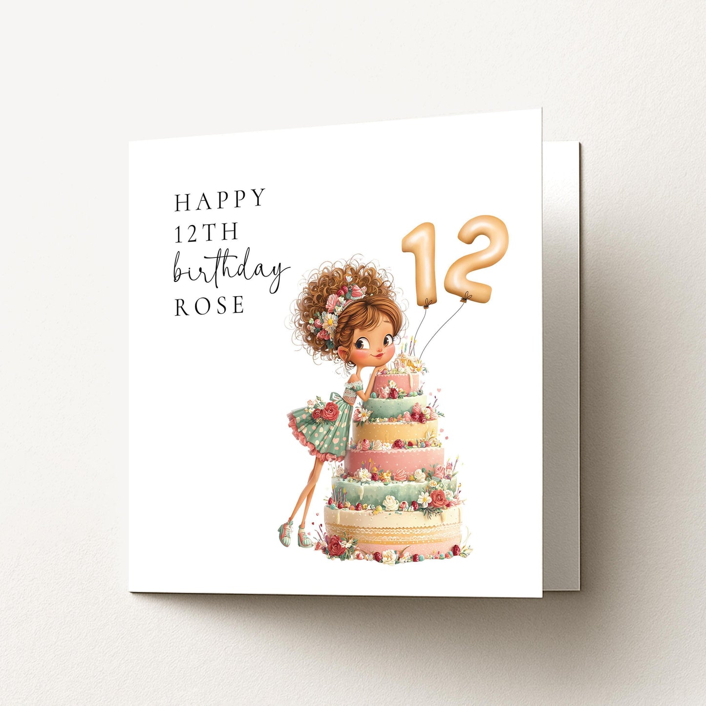 12th Birthday Card Girl – Personalised Floral Cake Milestone Greeting