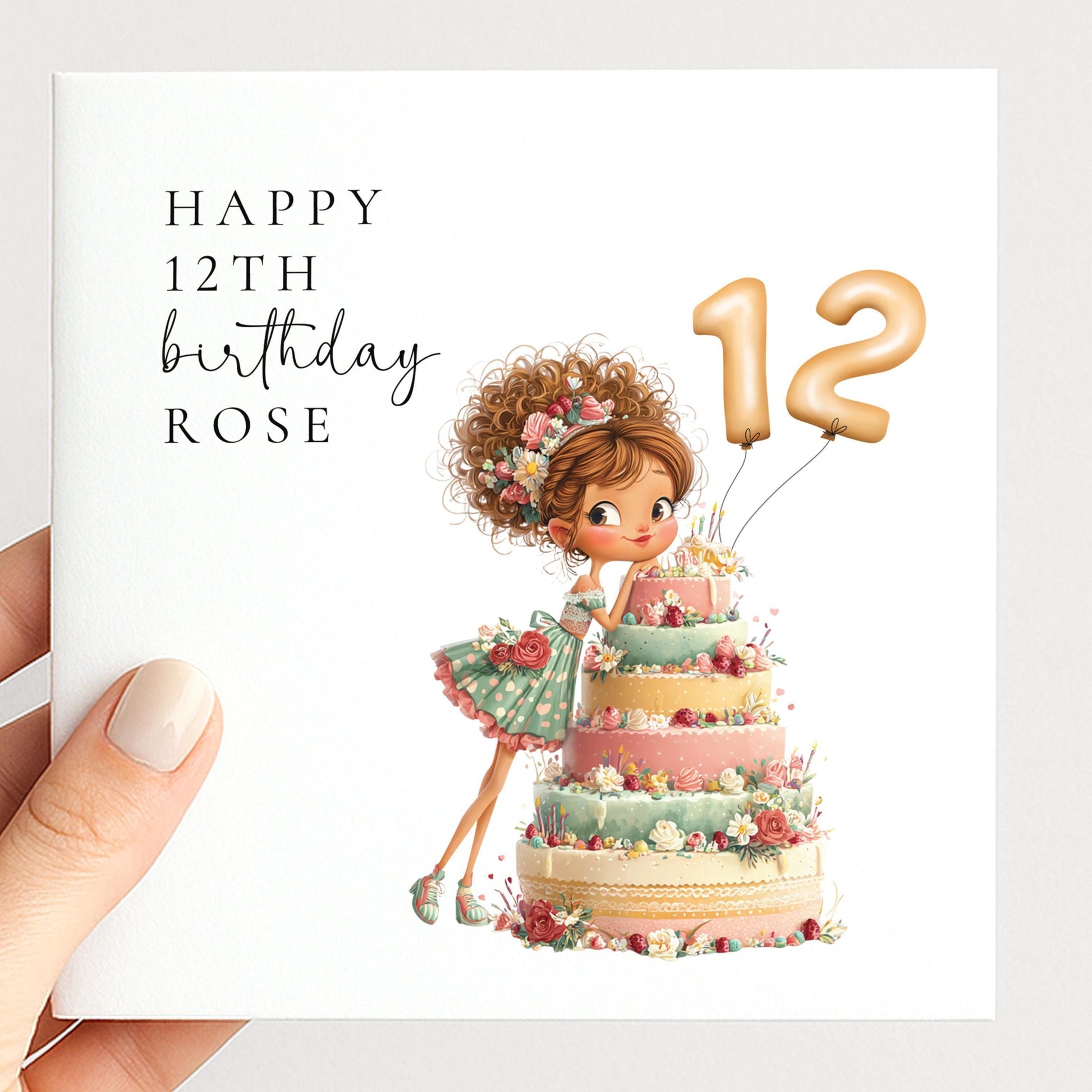 12th Birthday Card Girl – Personalised Floral Cake Milestone Greeting