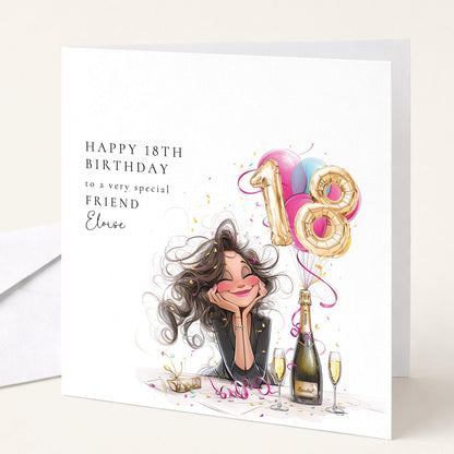 18th Birthday Card | Personalised Friend Keepsake With Balloons & Champagne