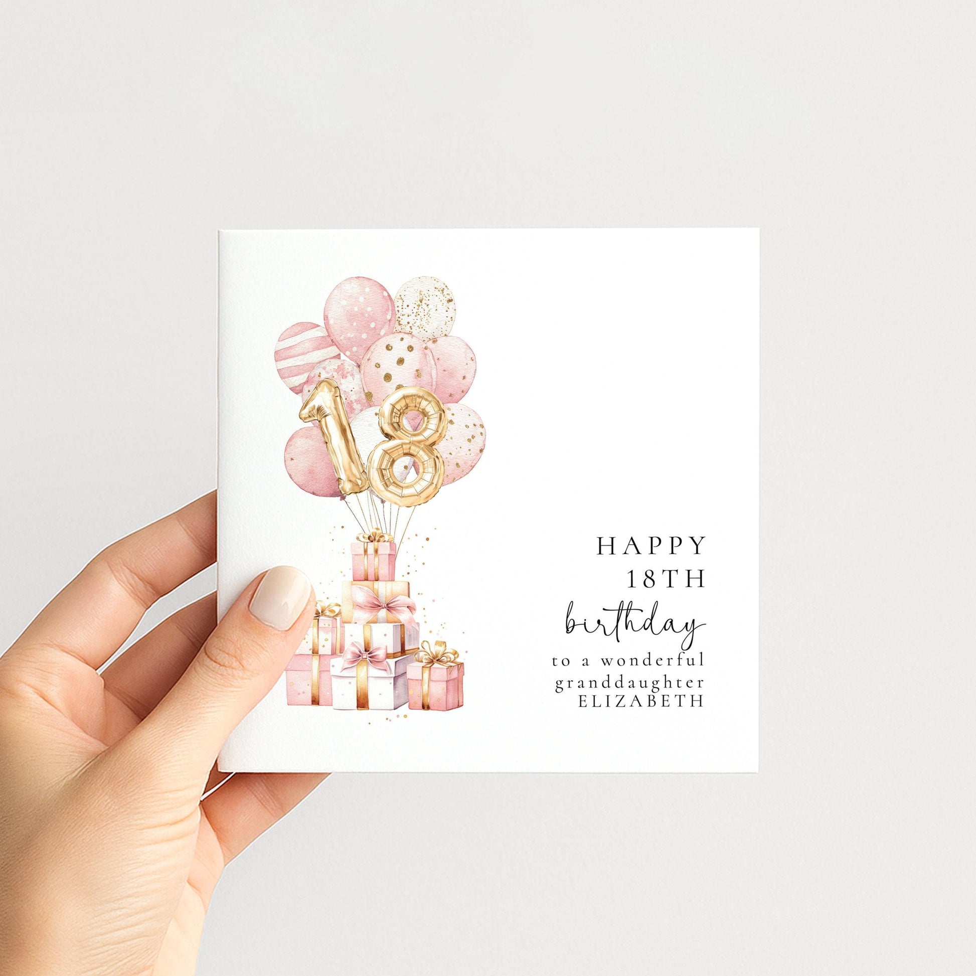 18th Birthday Card - Personalised Name, Elegant Gold Number Design & Pastel Balloons