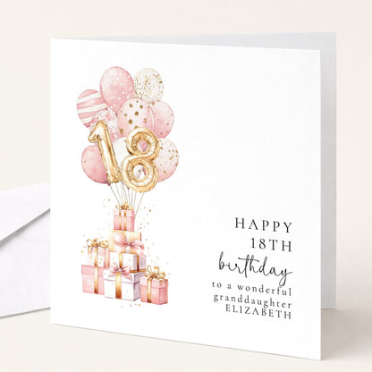 18th Birthday Card - Personalised Name, Elegant Gold Number Design & Pastel Balloons