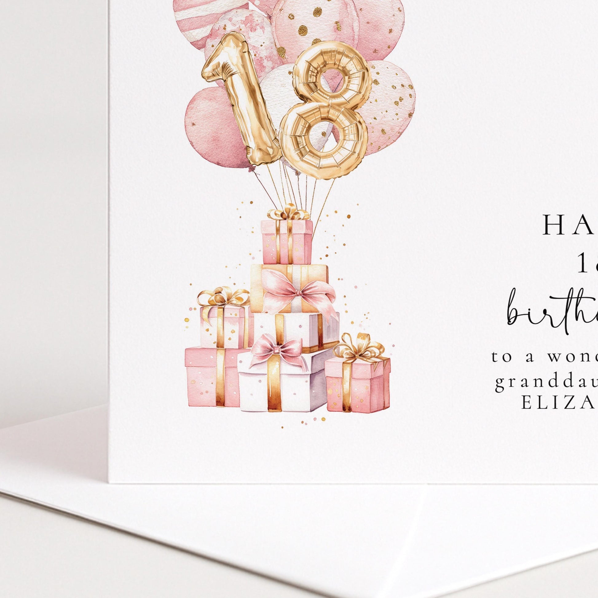 18th Birthday Card - Personalised Name, Elegant Gold Number Design & Pastel Balloons