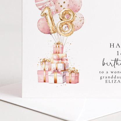 18th Birthday Card - Personalised Name, Elegant Gold Number Design & Pastel Balloons