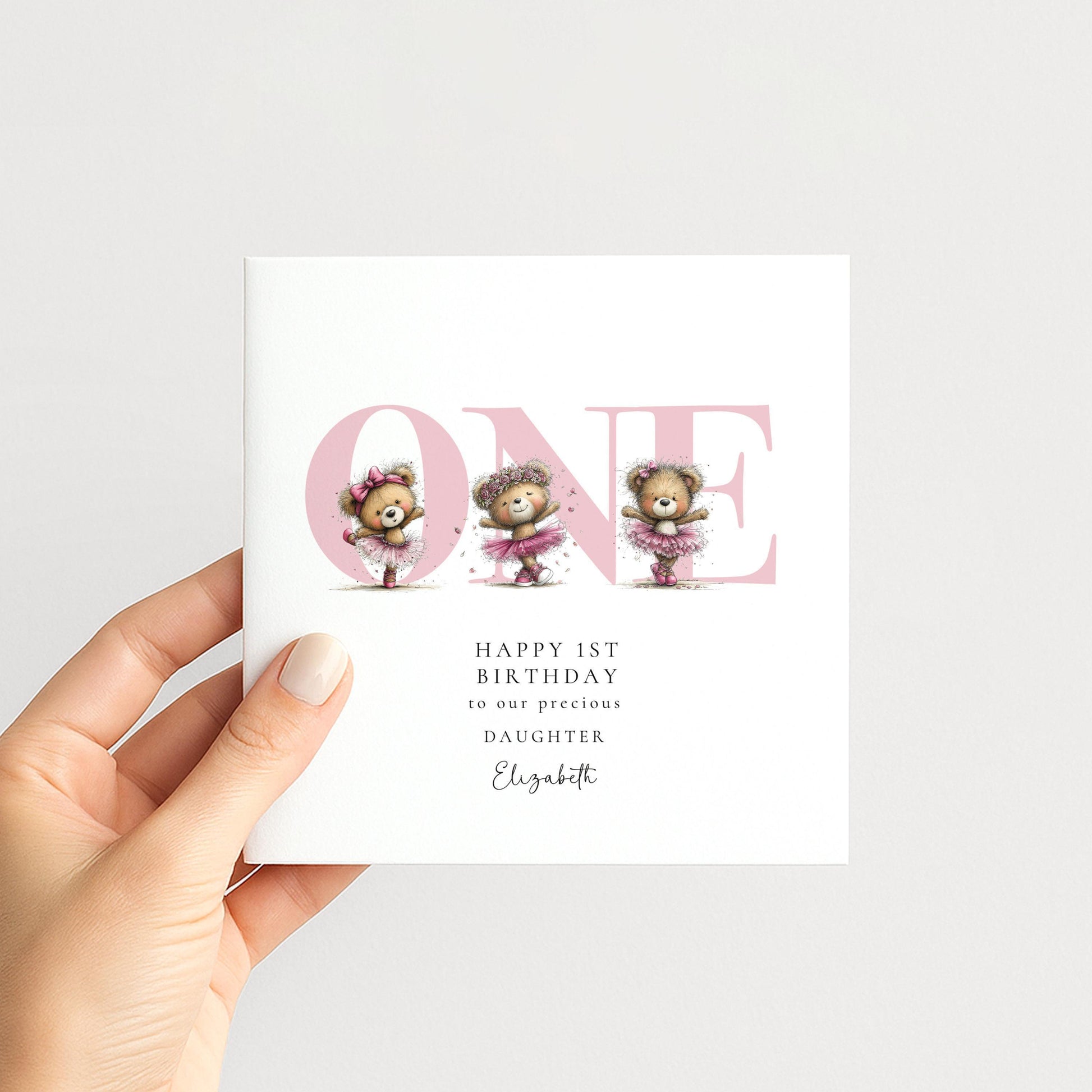 1st Birthday Card Daughter – Pink Ballerina Teddy Bear Keepsake