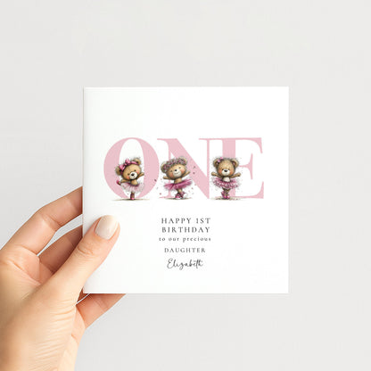 1st Birthday Card Daughter – Pink Ballerina Teddy Bear Keepsake