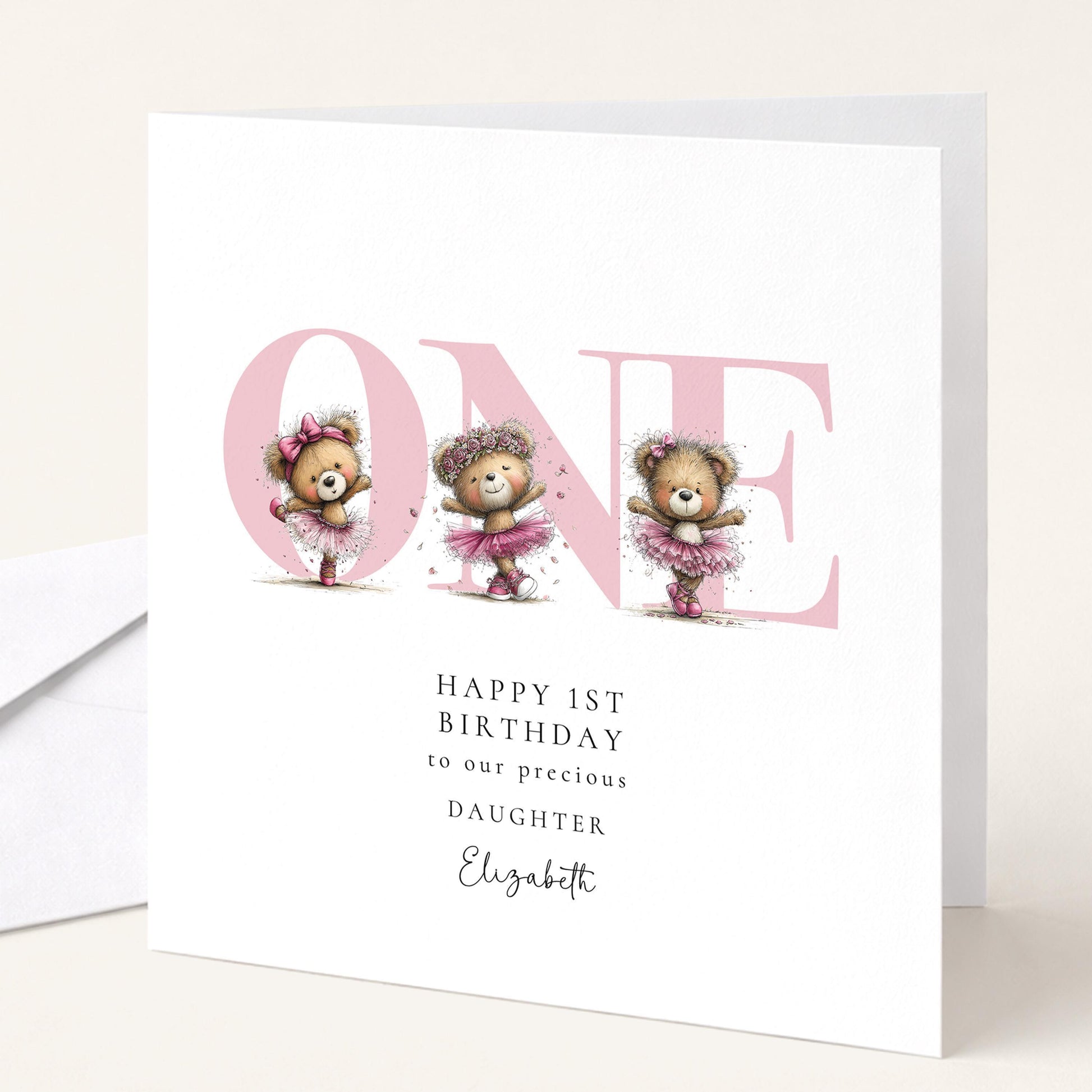 1st Birthday Card Daughter – Pink Ballerina Teddy Bear Keepsake