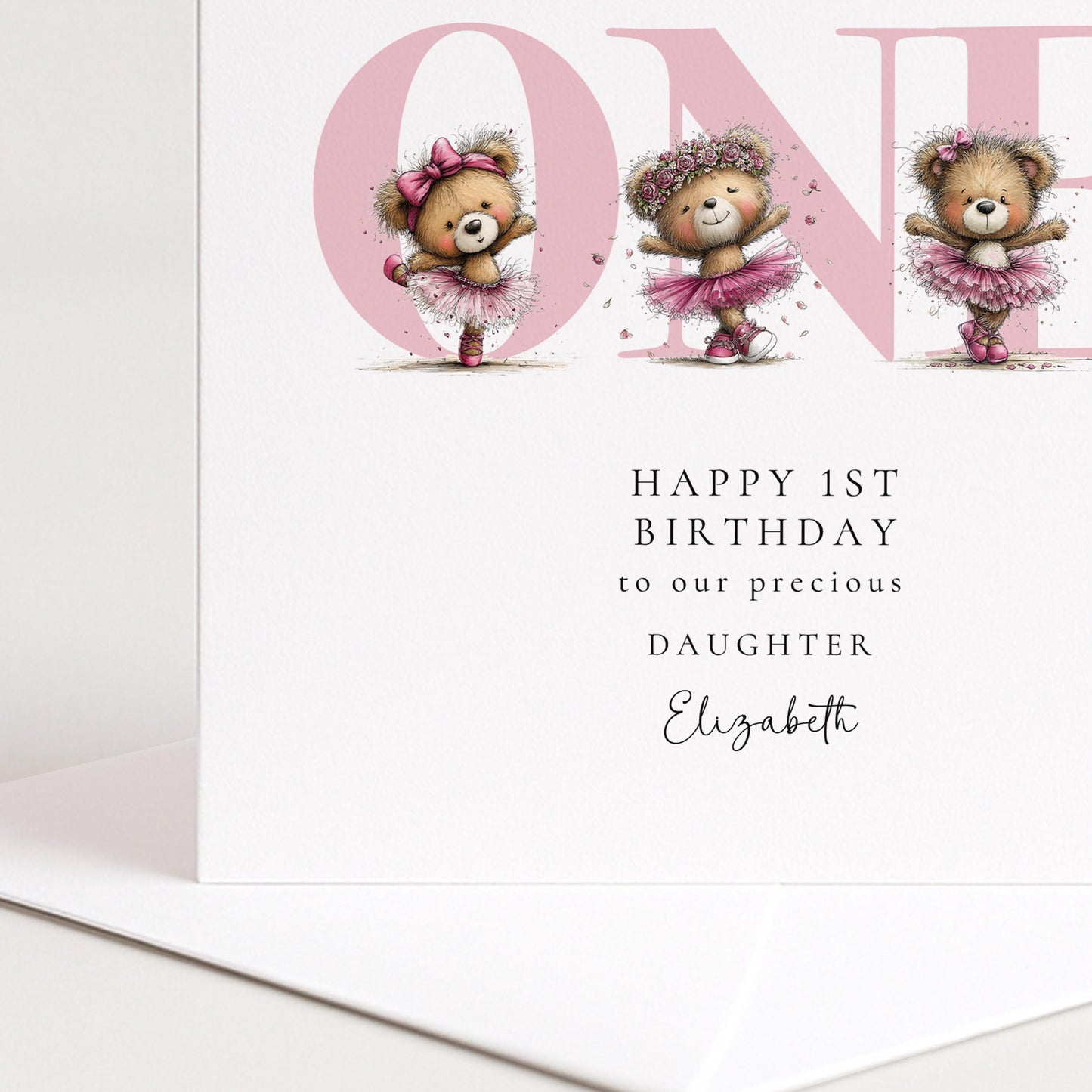 1st Birthday Card Daughter – Pink Ballerina Teddy Bear Keepsake