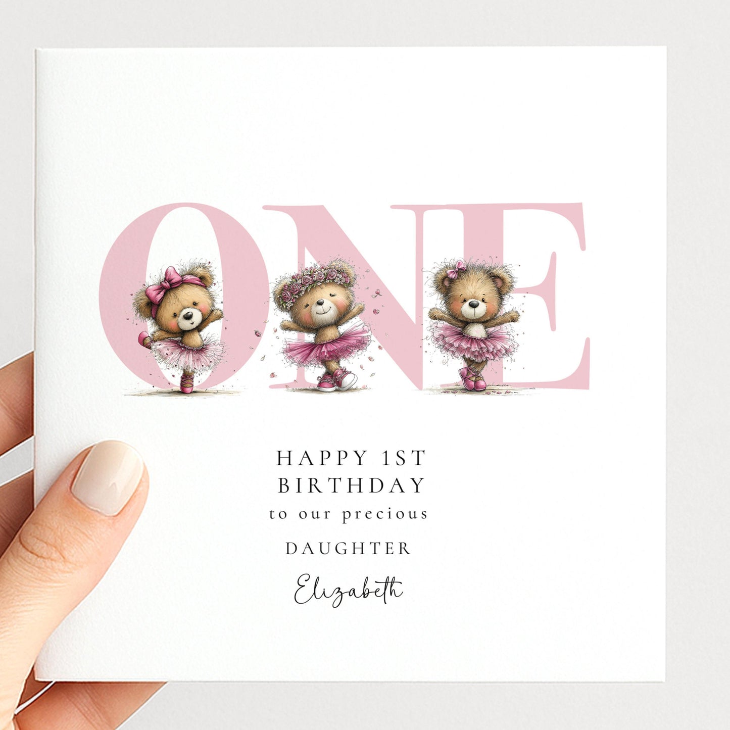 1st Birthday Card Daughter – Pink Ballerina Teddy Bear Keepsake