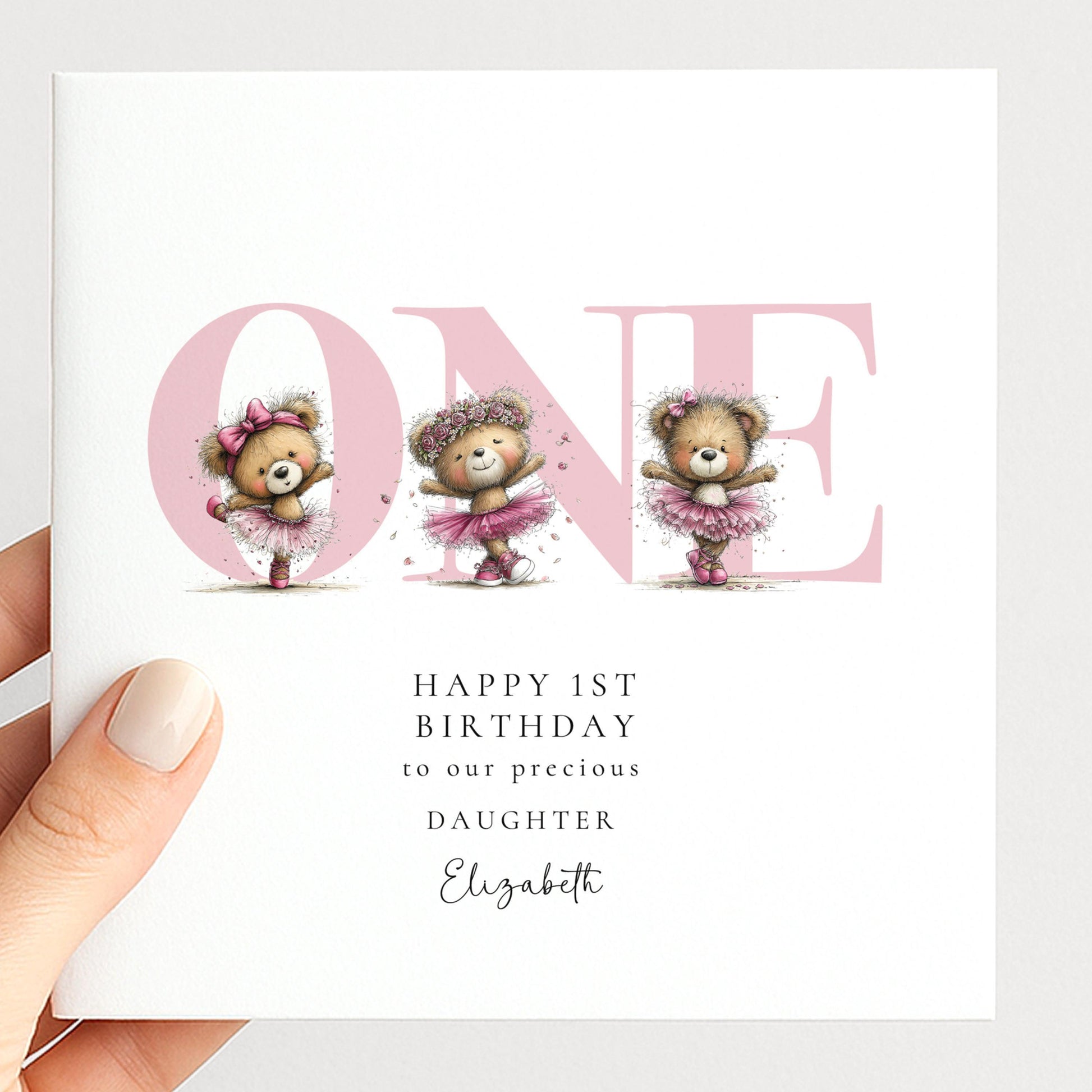 1st Birthday Card Daughter – Pink Ballerina Teddy Bear Keepsake