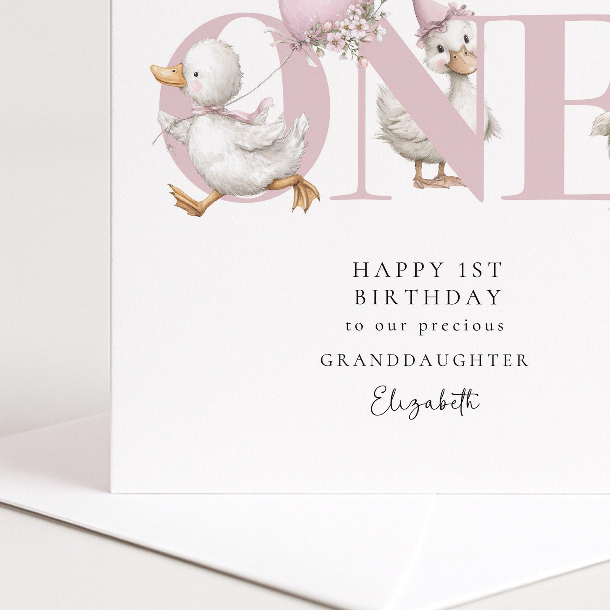 1st Birthday Card Granddaughter – Personalised Cute Duck Design Keepsake