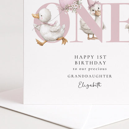 1st Birthday Card Granddaughter – Personalised Cute Duck Design Keepsake