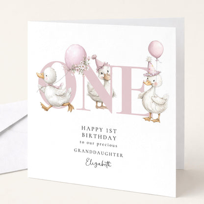 1st Birthday Card Granddaughter – Personalised Cute Duck Design Keepsake