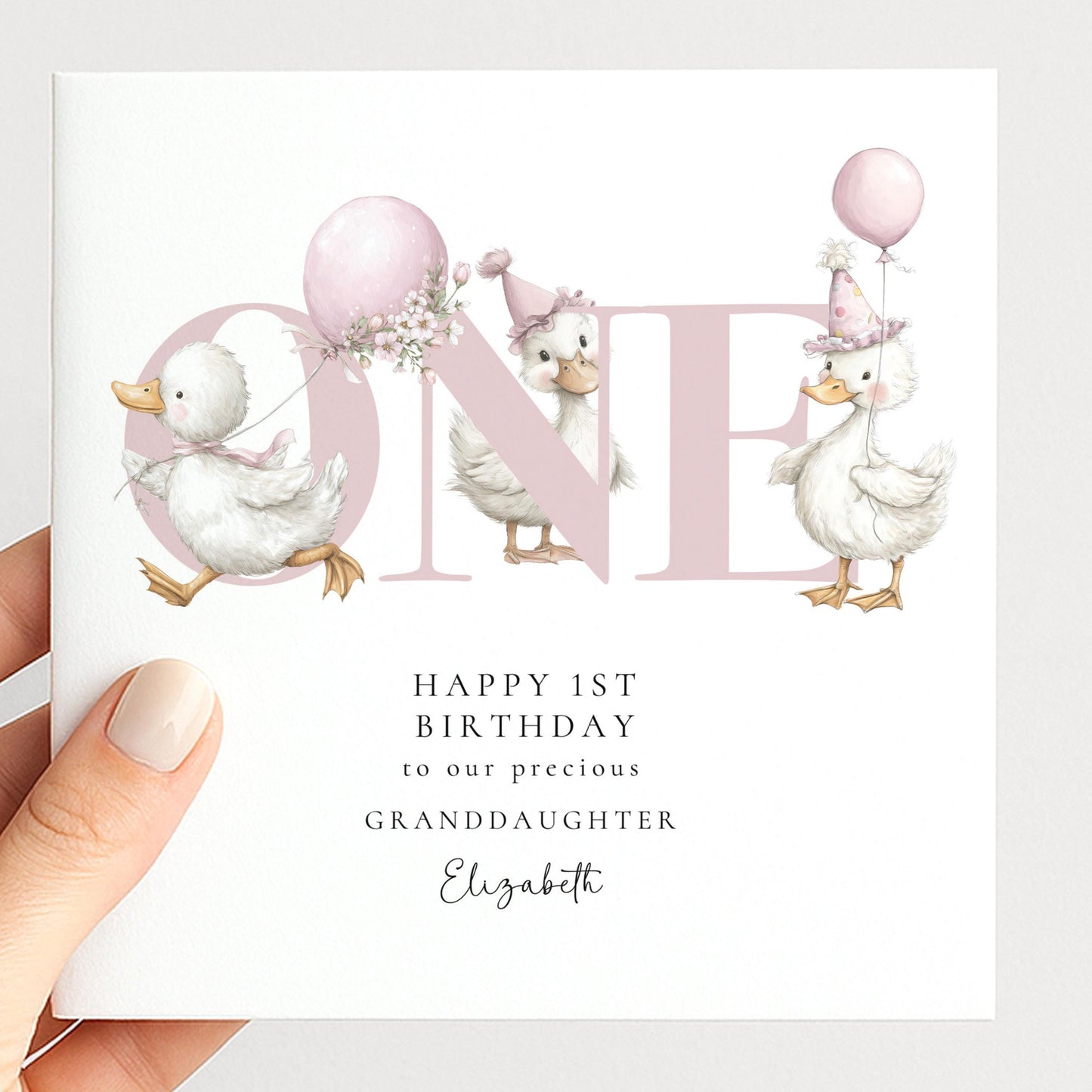 1st Birthday Card Granddaughter – Personalised Cute Duck Design Keepsake