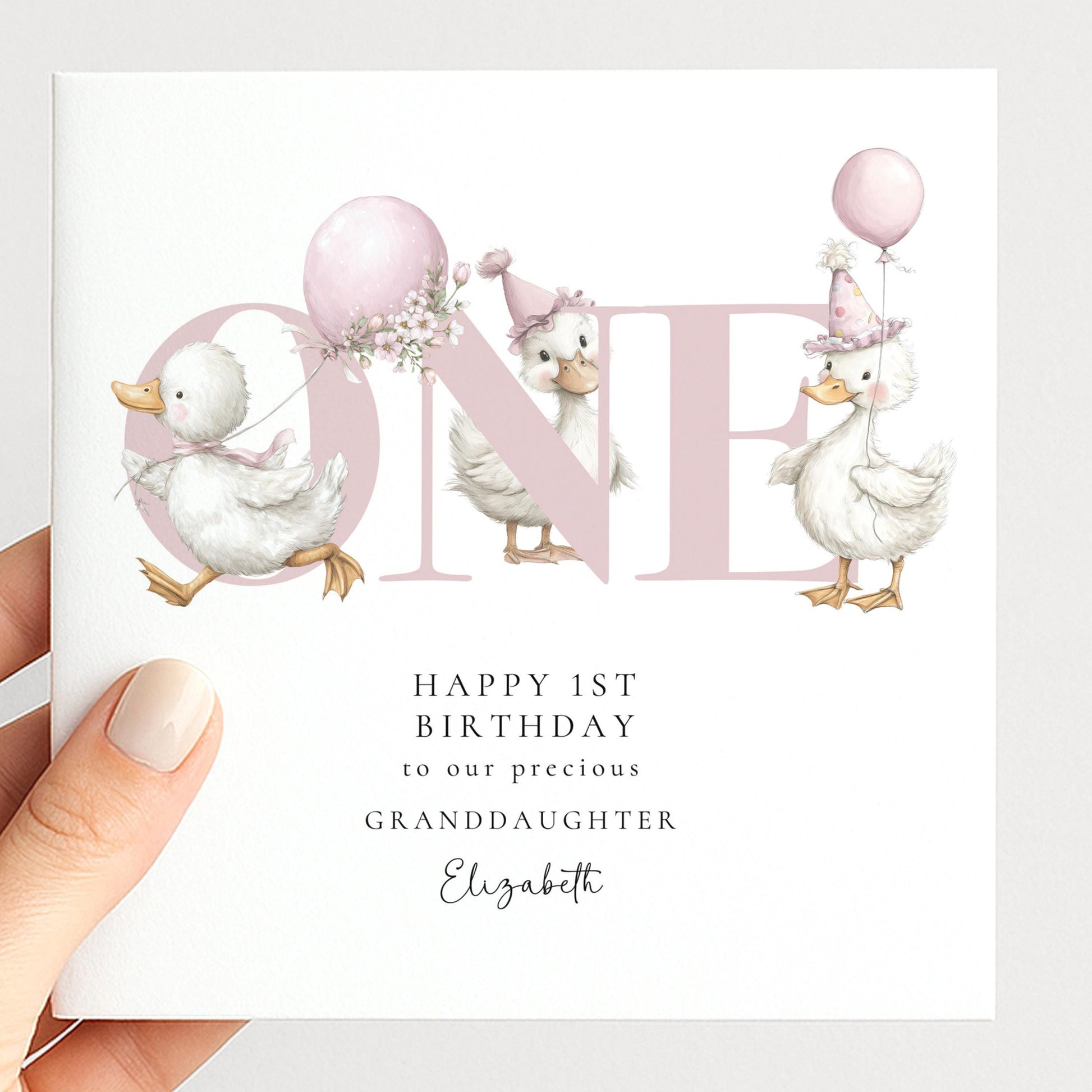 1st Birthday Card Granddaughter – Personalised Cute Duck Design Keepsake