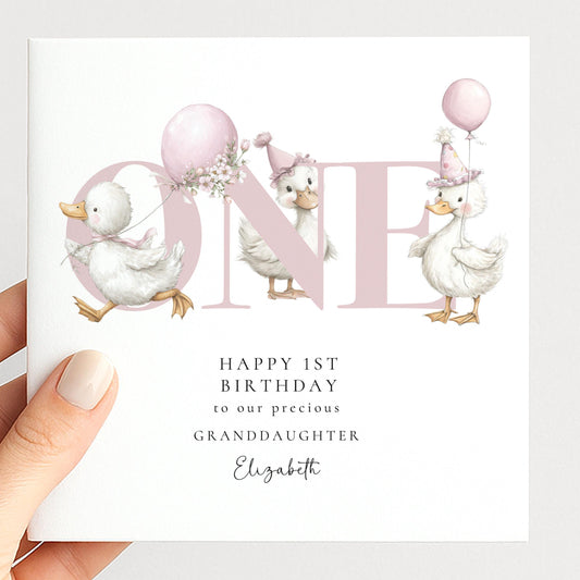 1st Birthday Card Granddaughter – Personalised Cute Duck Design Keepsake
