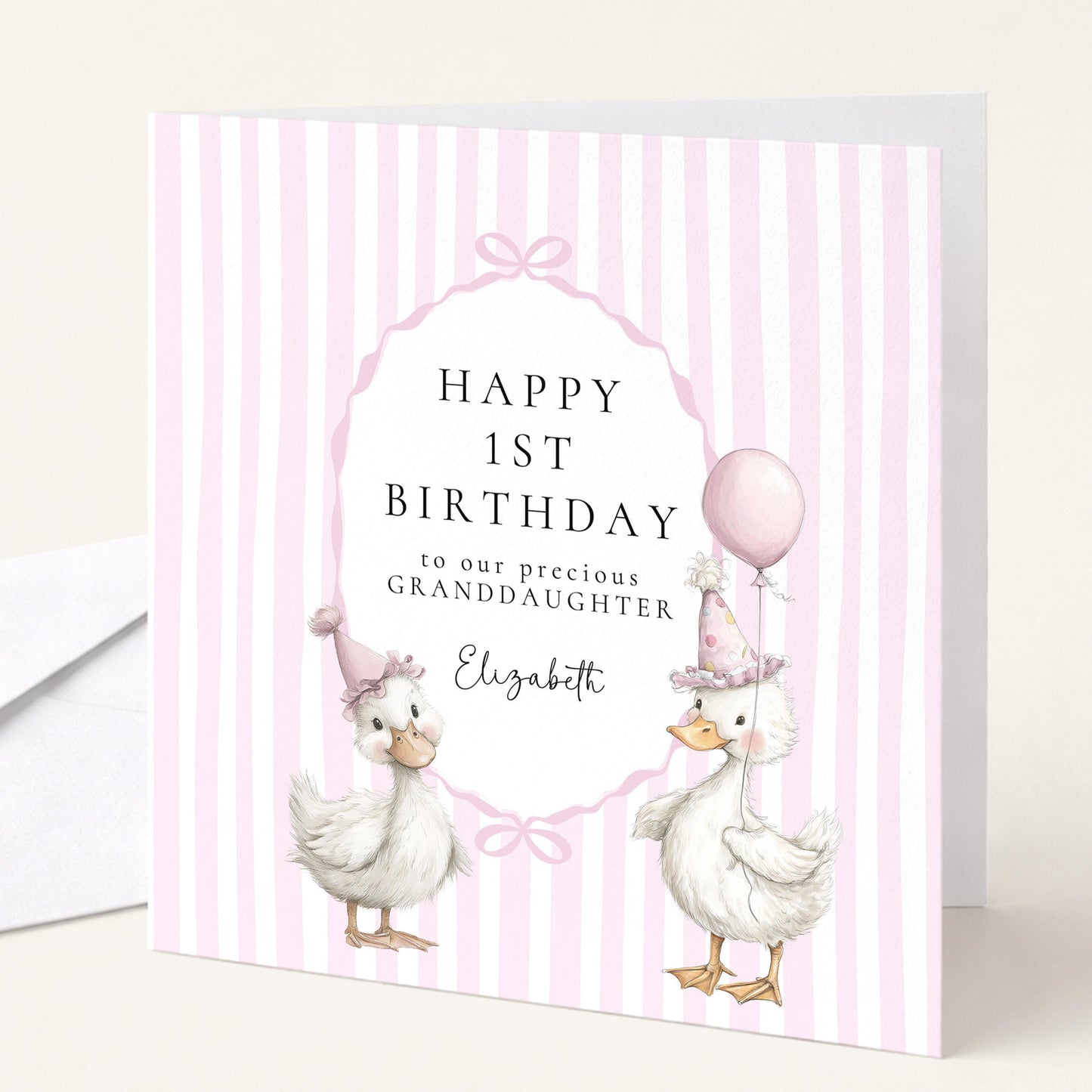 1st Birthday Card Granddaughter – Personalised Pink Duck Keepsake Card