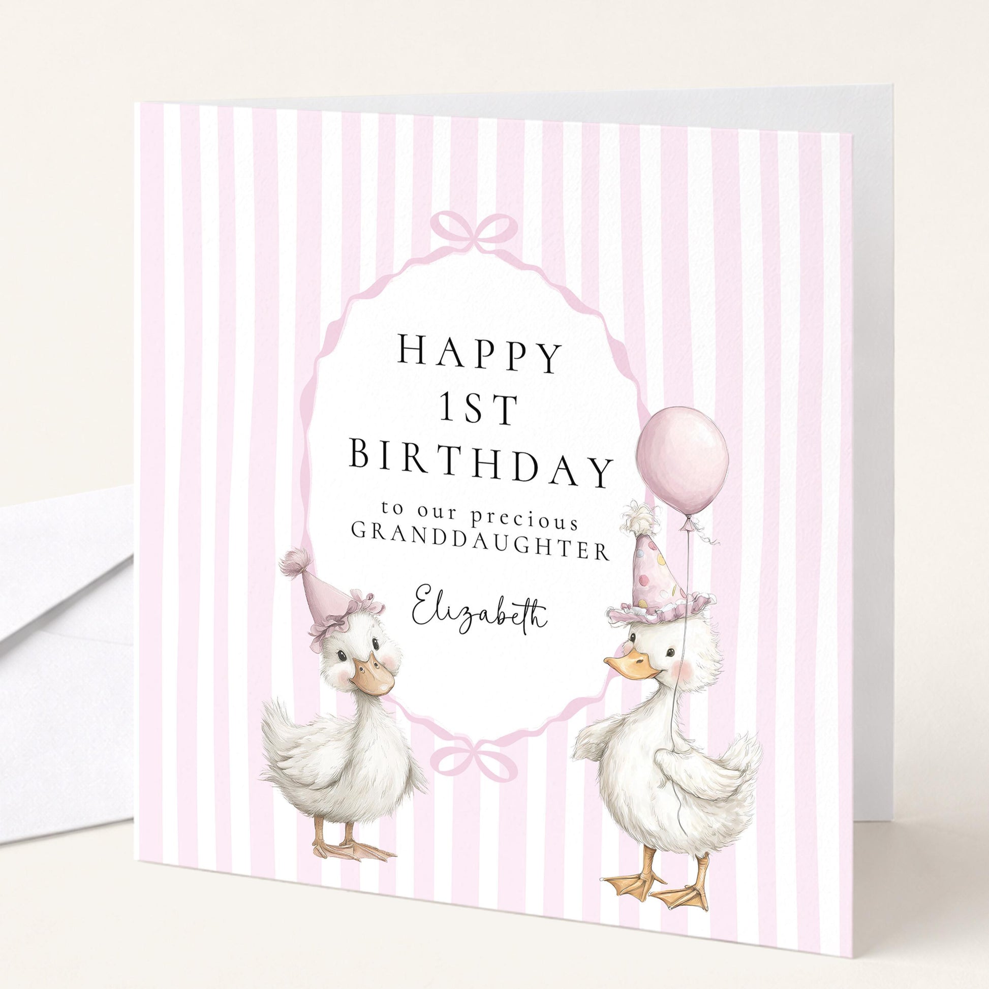 1st Birthday Card Granddaughter – Personalised Pink Duck Keepsake Card