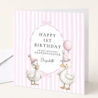 1st Birthday Card Granddaughter – Personalised Pink Duck Keepsake Card