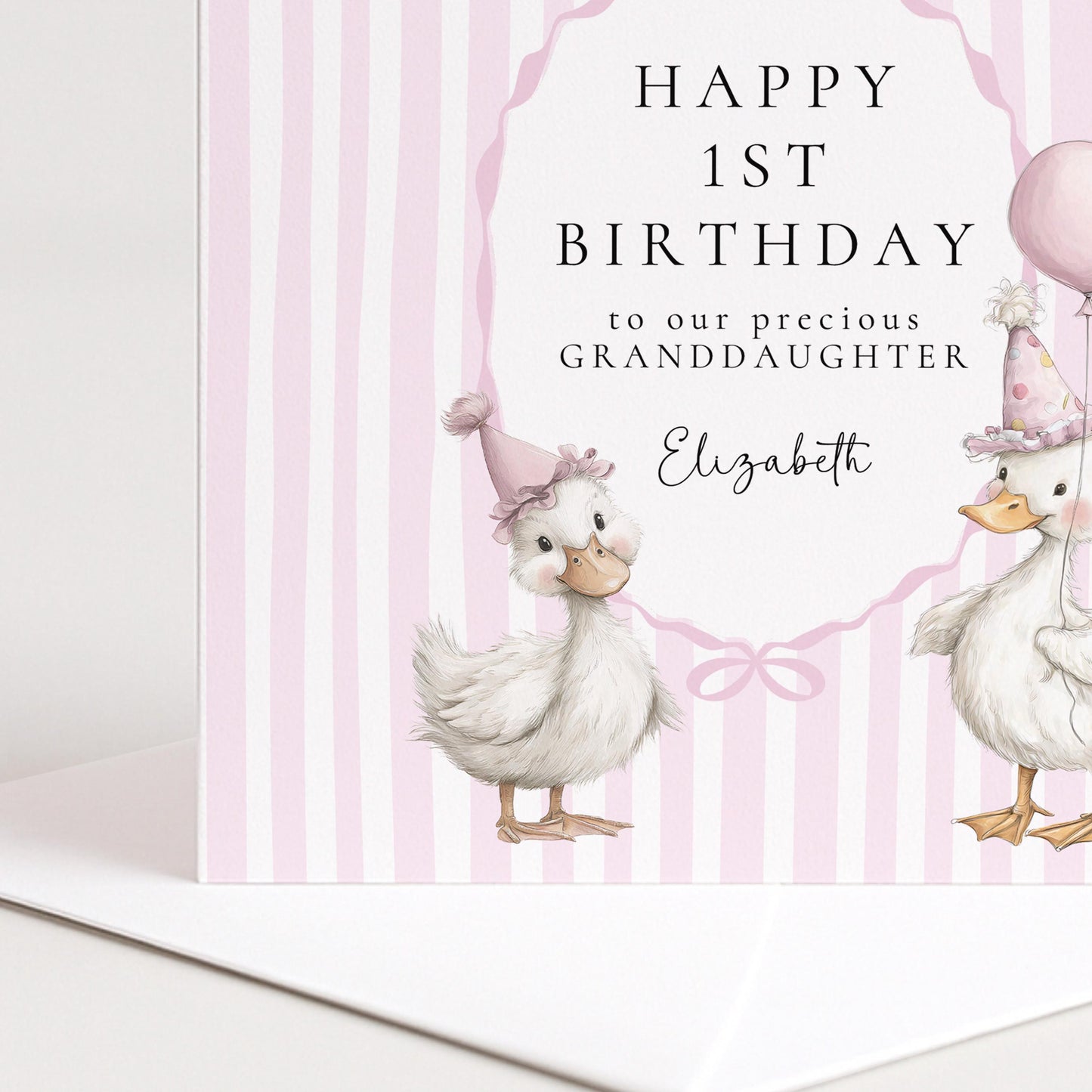 1st Birthday Card Granddaughter – Personalised Pink Duck Keepsake Card
