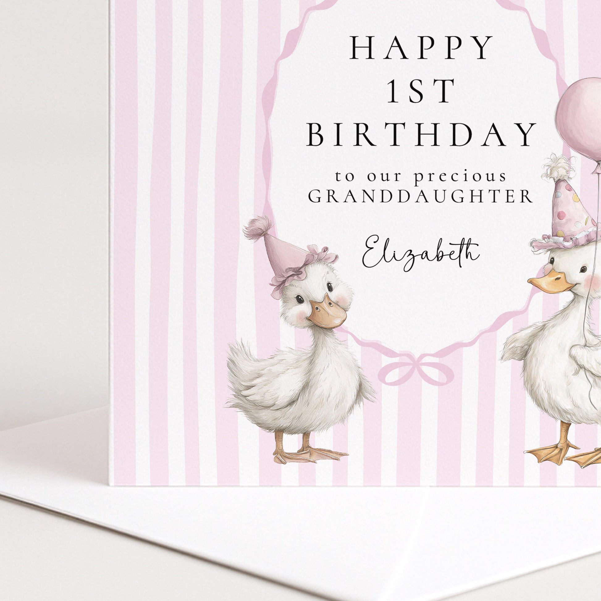1st Birthday Card Granddaughter – Personalised Pink Duck Keepsake Card