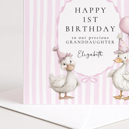 1st Birthday Card Granddaughter – Personalised Pink Duck Keepsake Card