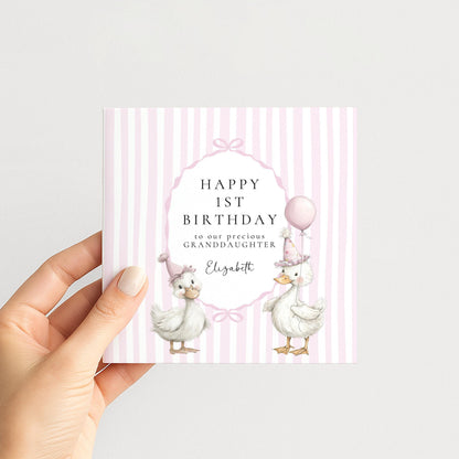 1st Birthday Card Granddaughter – Personalised Pink Duck Keepsake Card