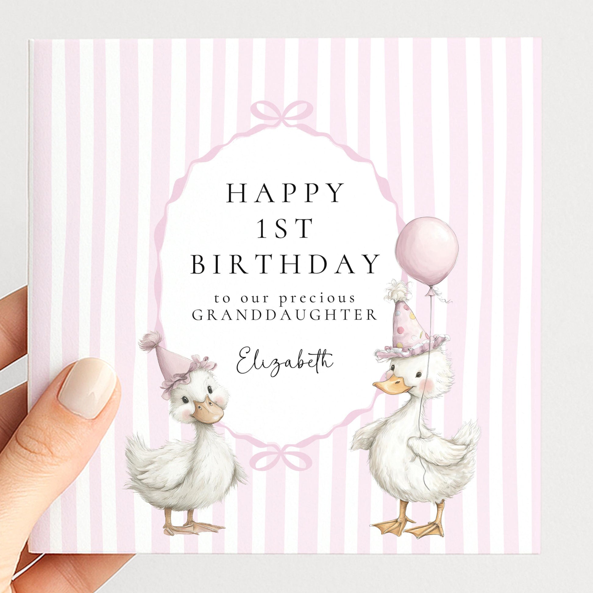 1st Birthday Card Granddaughter – Personalised Pink Duck Keepsake Card
