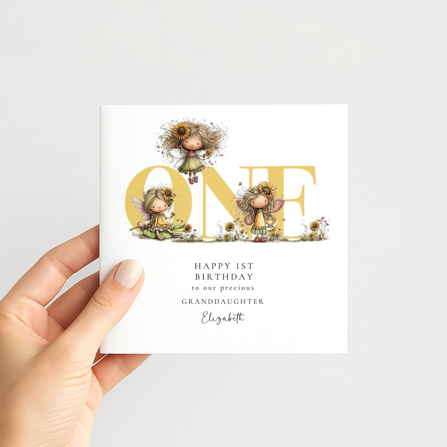 1st Birthday Card Granddaughter – Personalised Sunflower Fairy Keepsake