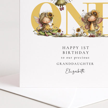 1st Birthday Card Granddaughter – Personalised Sunflower Fairy Keepsake