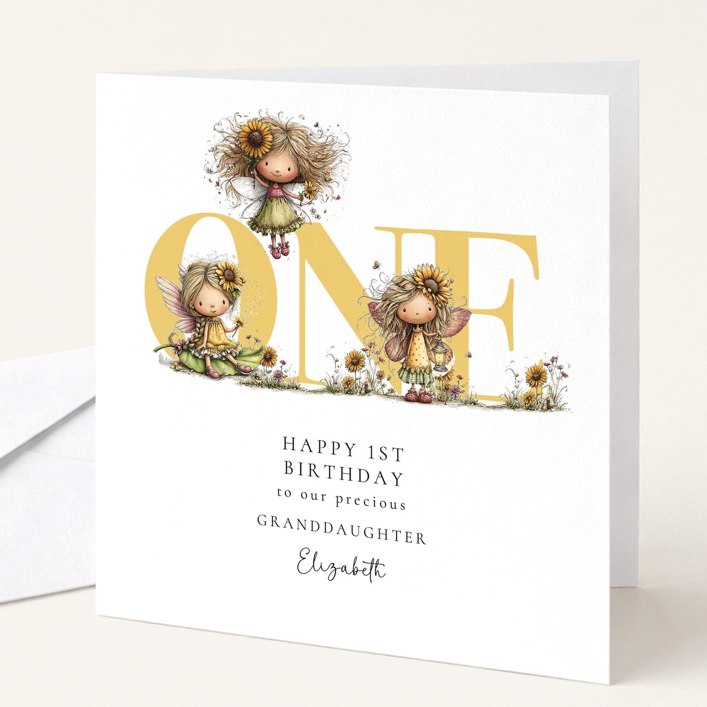 1st Birthday Card Granddaughter – Personalised Sunflower Fairy Keepsake