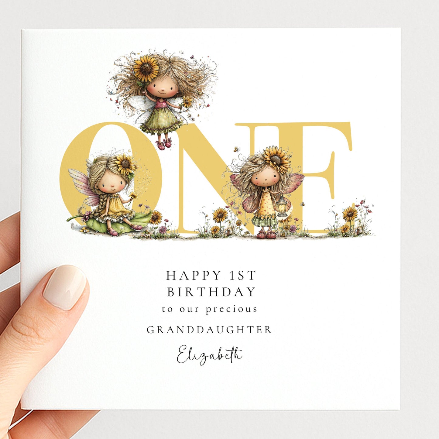 1st Birthday Card Granddaughter – Personalised Sunflower Fairy Keepsake