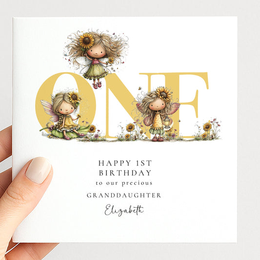 1st Birthday Card Granddaughter – Personalised Sunflower Fairy Keepsake
