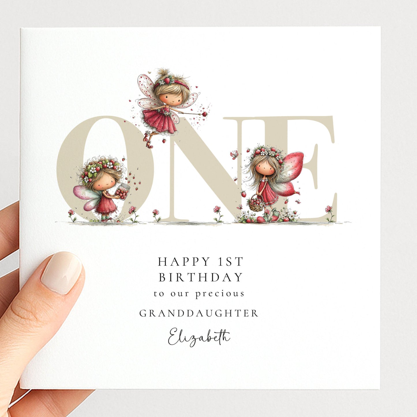 1st Birthday Card - Personalised Strawberry Fairy Keepsake for Granddaughter