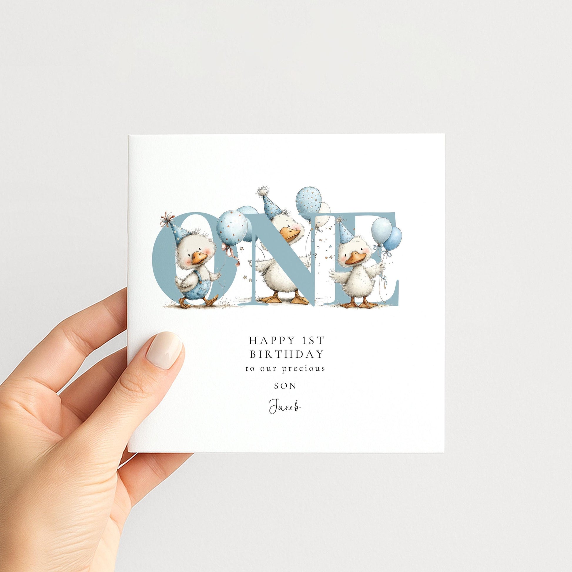 1st Birthday Card Son – Personalised Keepsake With Duck Illustration & Blue Balloons