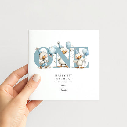 1st Birthday Card Son – Personalised Keepsake With Duck Illustration & Blue Balloons